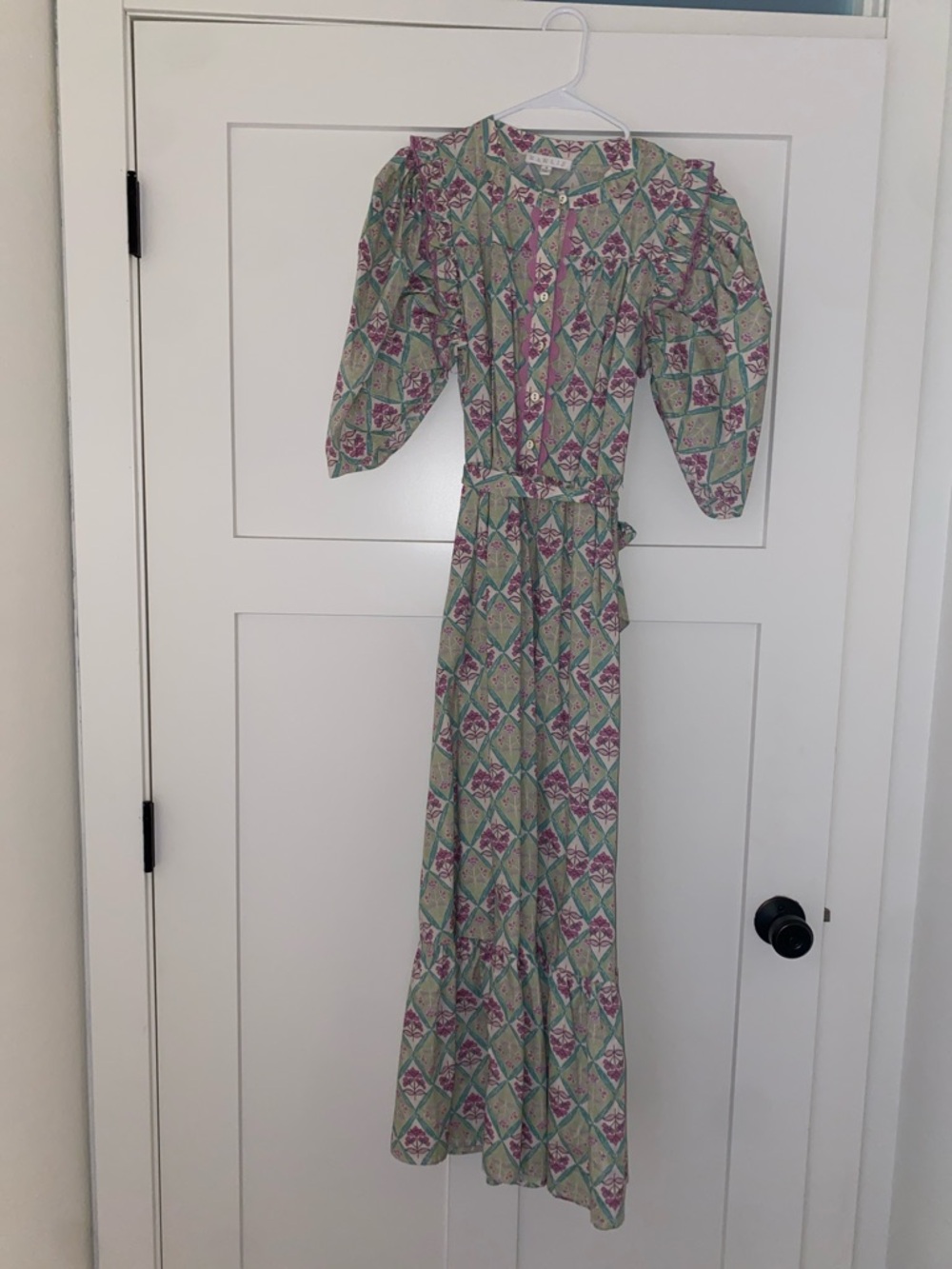 Karlie Green & Purple Floral Maxi Dress with Tie Waist Size Small